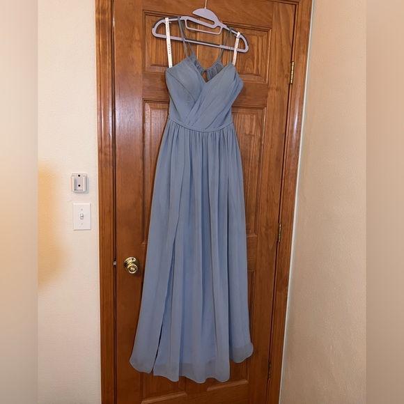 dusty blue bridesmaid dresses with navy suits Elegant Bridesmaid Dresses Satin Long V Neck Lace Appliques – Lisposa main image 1